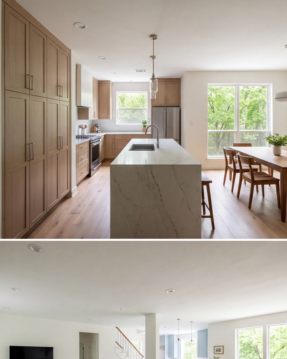 Finished kitchen with a tall pantry wall and island