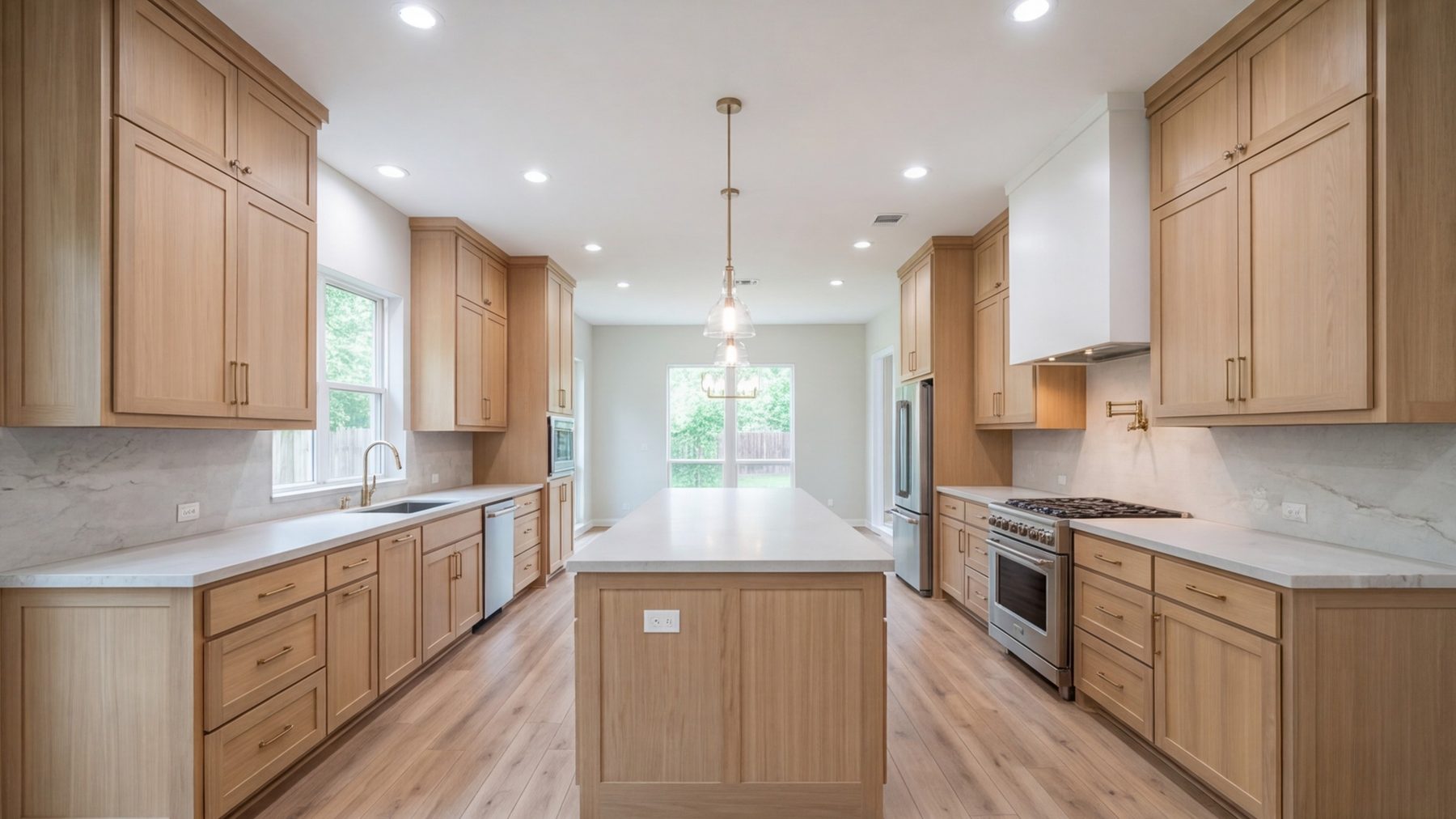 Long kitchen remodel with white oak cabinets and a stone backsplash