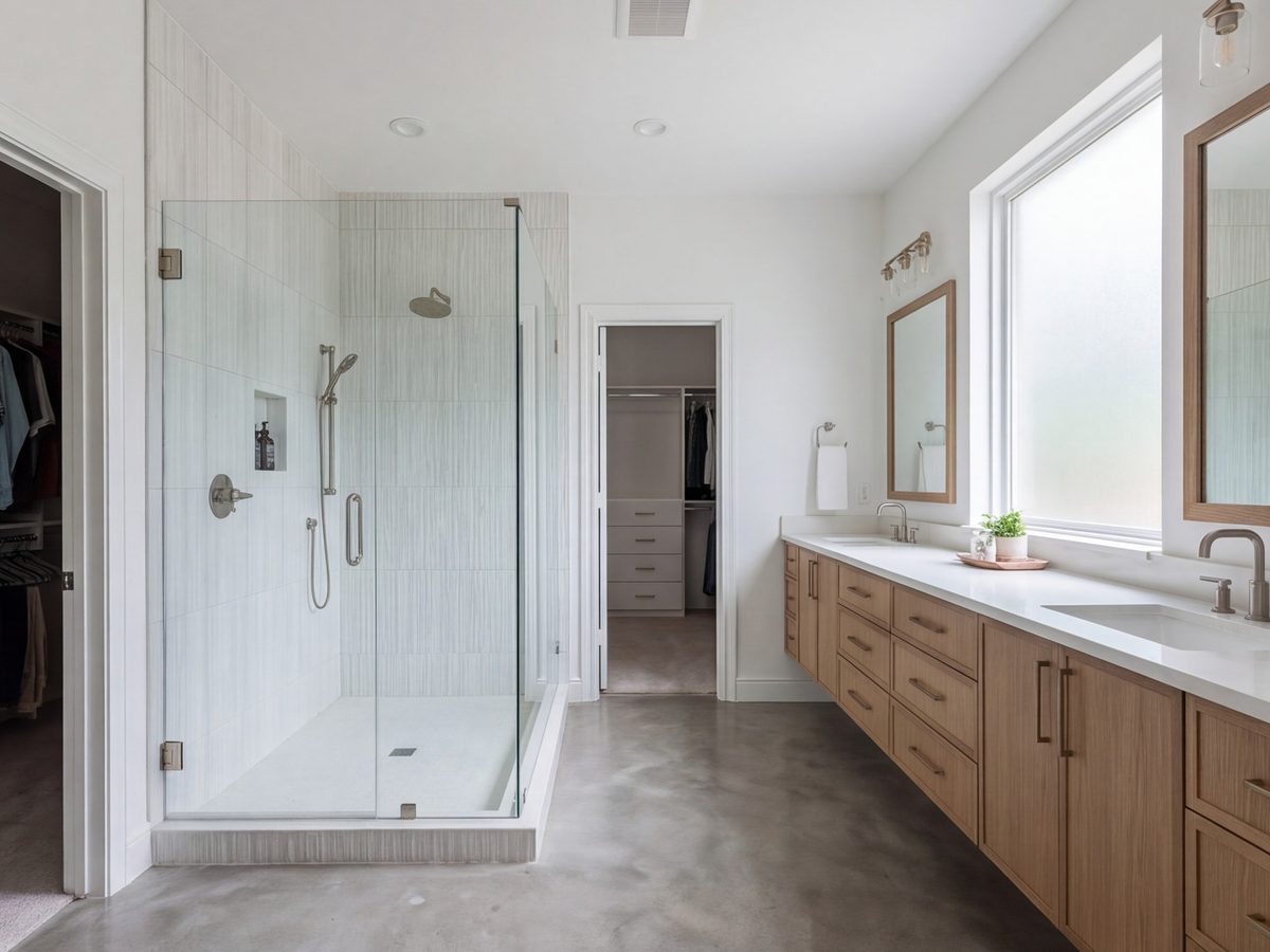 Primary bathroom with walk-in shower and double vanity