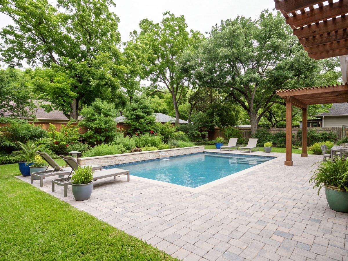 Backyard with a new paver patio and pool